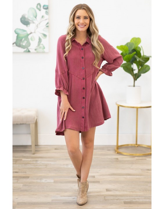 Red Washed Long Sleeve Button Down Dress