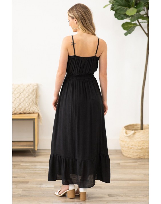 Black V-Neck Elastic Waist Dress