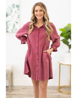 Red Washed Long Sleeve Button Down Dress