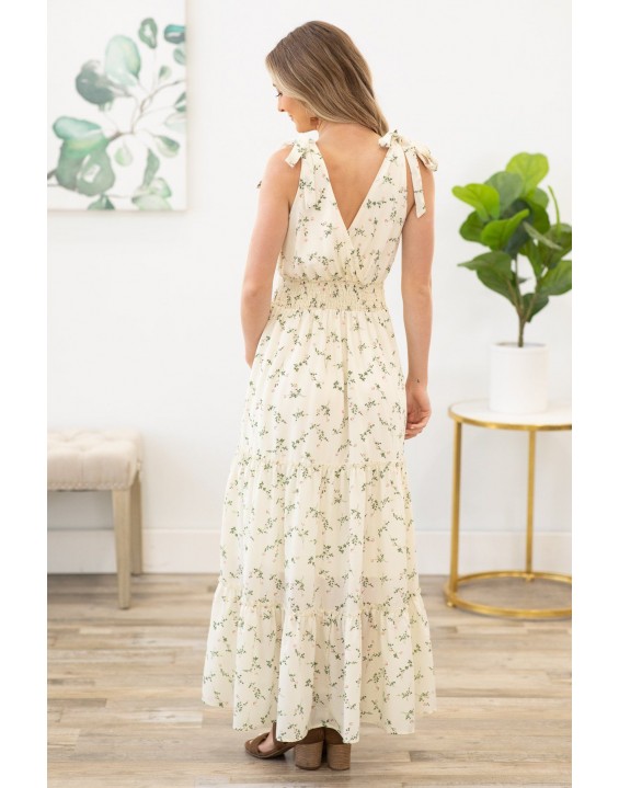 Cream Sleeveless Tiered Floral Maxi Dress