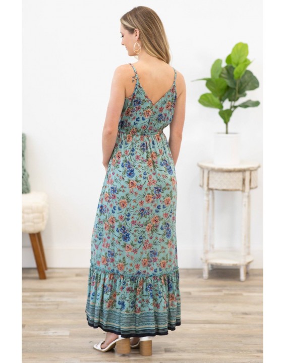 Aqua Floral Dress with Ruffle Detail