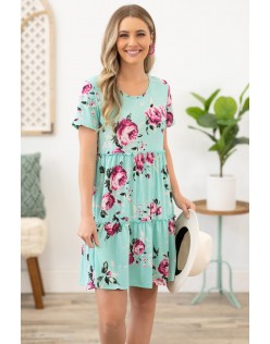 Mint Short Sleeve Floral Dress