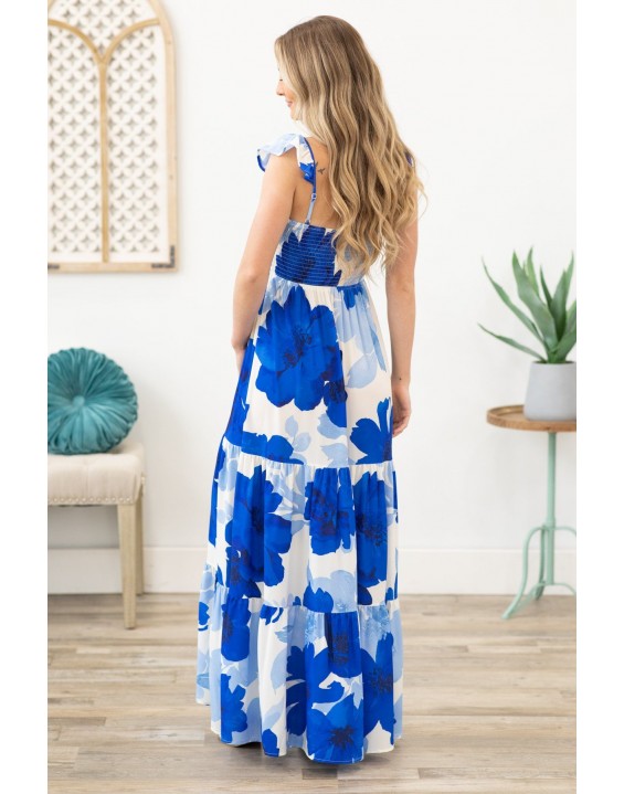 Blue Floral Smocked Bust Maxi Dress