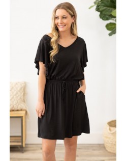 Black Short Sleeve Elastic Waist Crisscross Dress