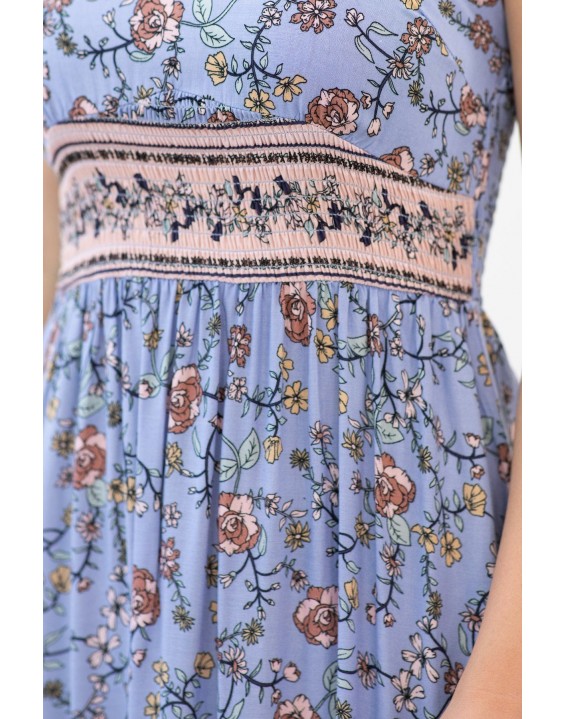 Blue Smocked Spaghetti Strap Floral Maxi Dress