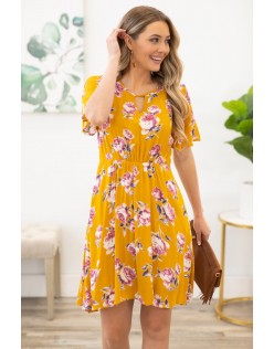 Yellow Floral Print Ruffle Sleeve Dress