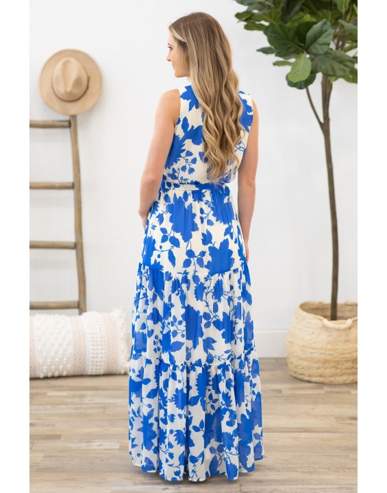 Blue and White Floral Print Maxi Dress