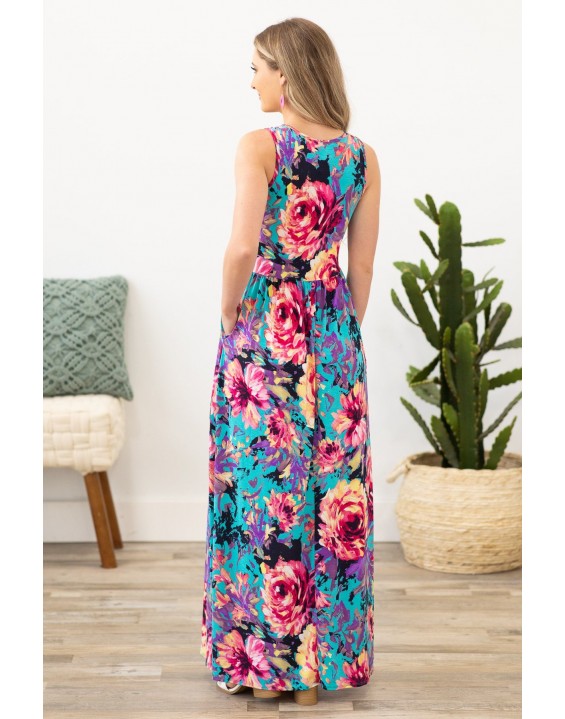 Aqua Floral Sleeveless Maxi Dress